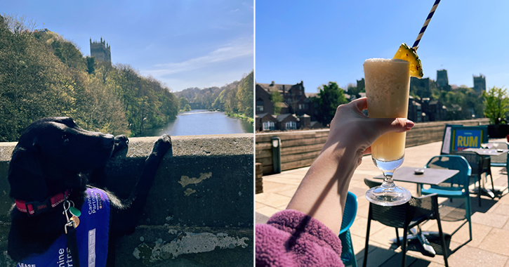 L-R black service dog on bridge overlooking river and view of Durham City, Kate holding up a mocktail at outdoor seating area Turtle Bay, Durham City